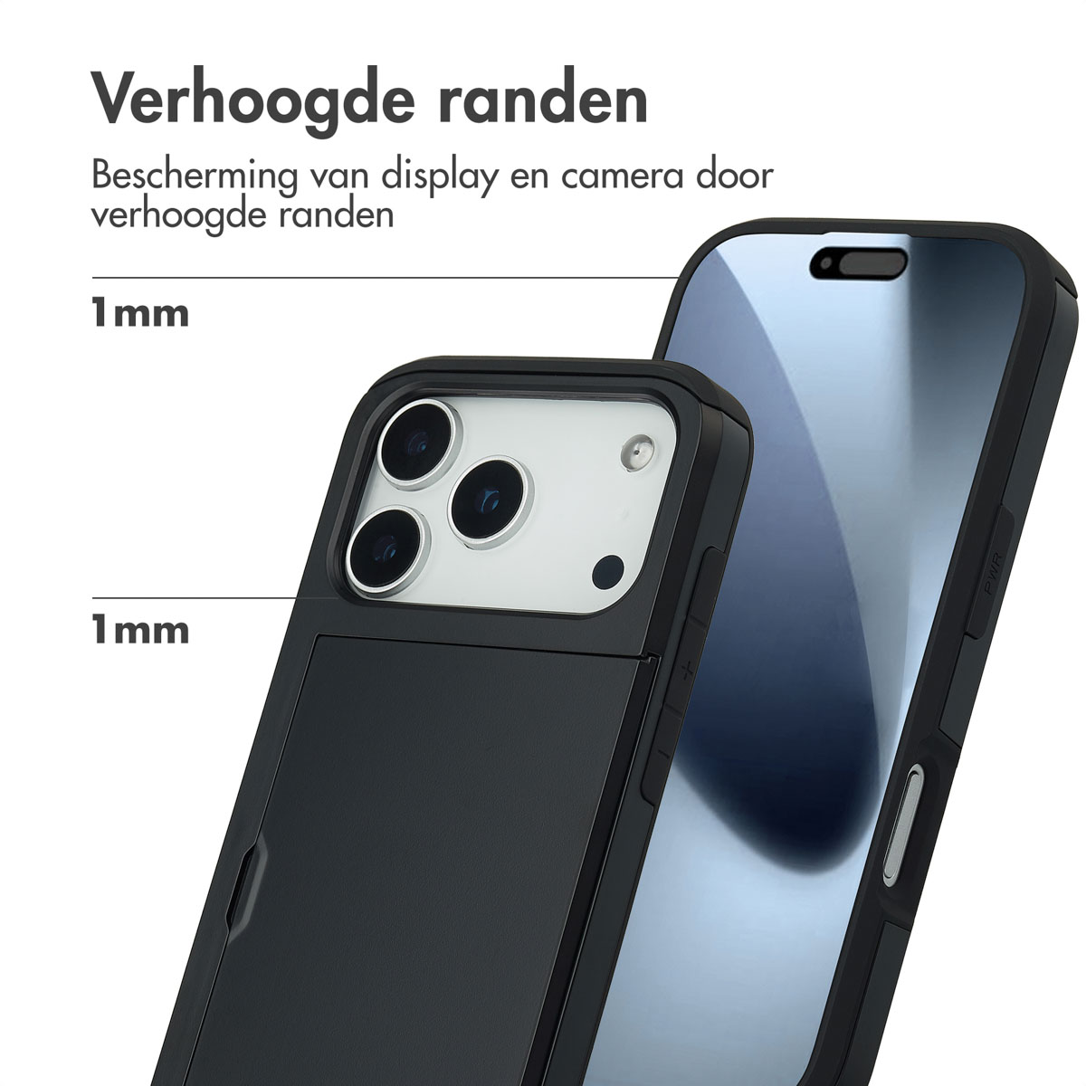 Zwarte telefoonhoes met verhoogde randen. Beschermt de camera en het scherm. Teksten: Verhoogde randen, 1mm.