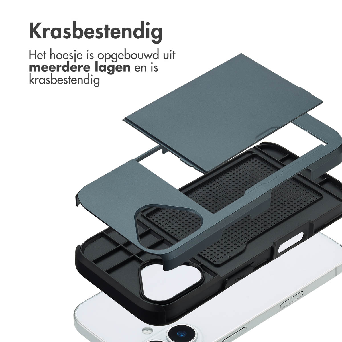 Telefoonhoesje in lagen, gedemonteerd. Grijs, zwart en wit. Tekst: 'Krasbestendig'.