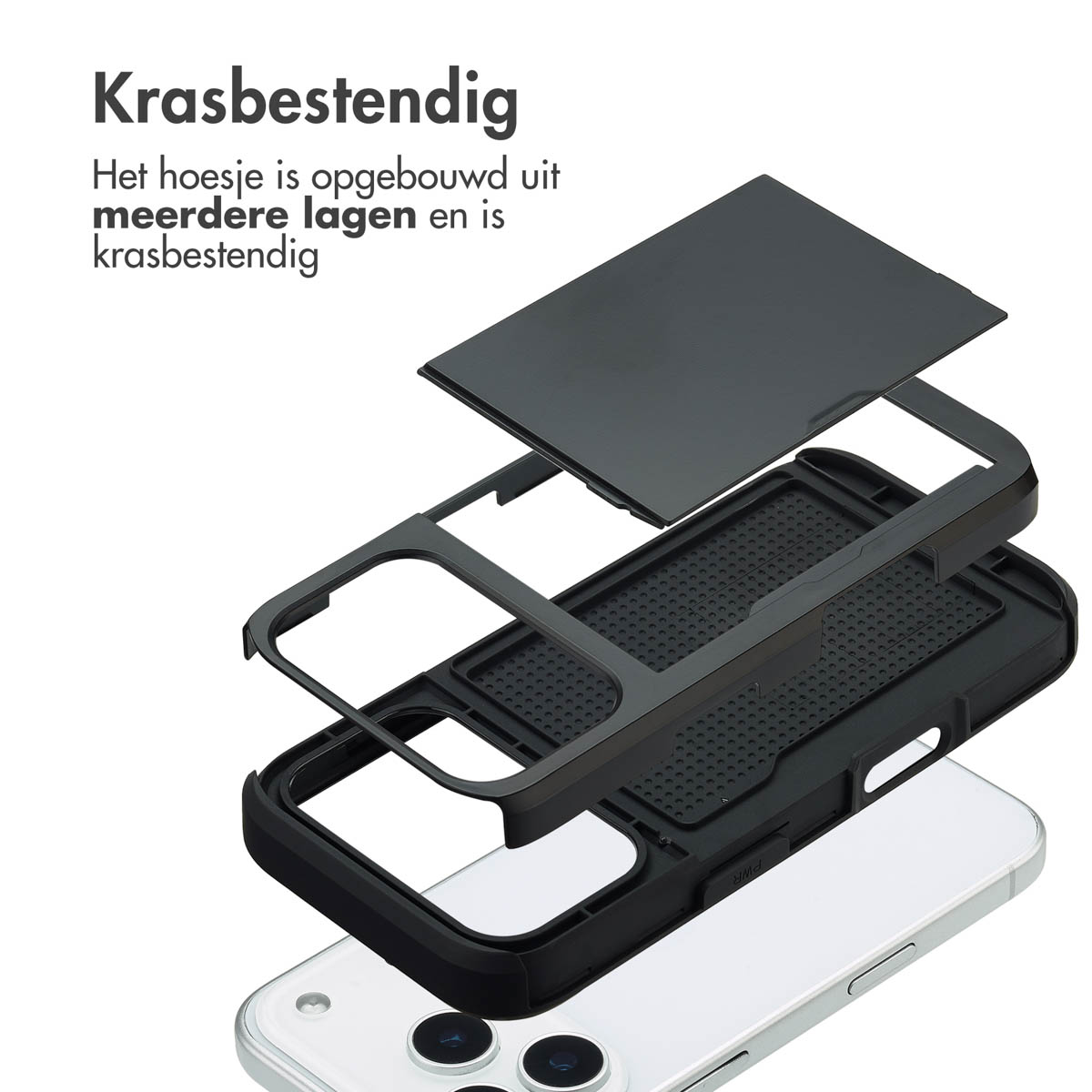 Exploded view van een telefoonhoesje. Zwarte lagen tonen de constructie rond een witte telefoon. Tekst in het Nederlands bovenaan.