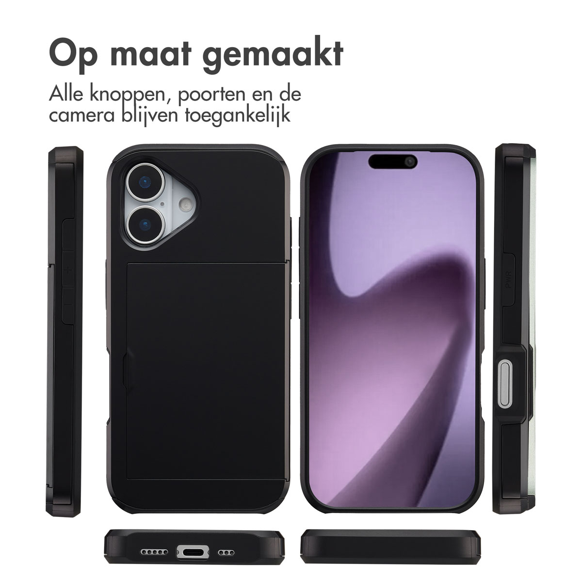 Zwarte telefoonhoes met knoppen en camera toegang. Tekst bovenaan: 'Op maat gemaakt'. Scherm is lichtpaars.