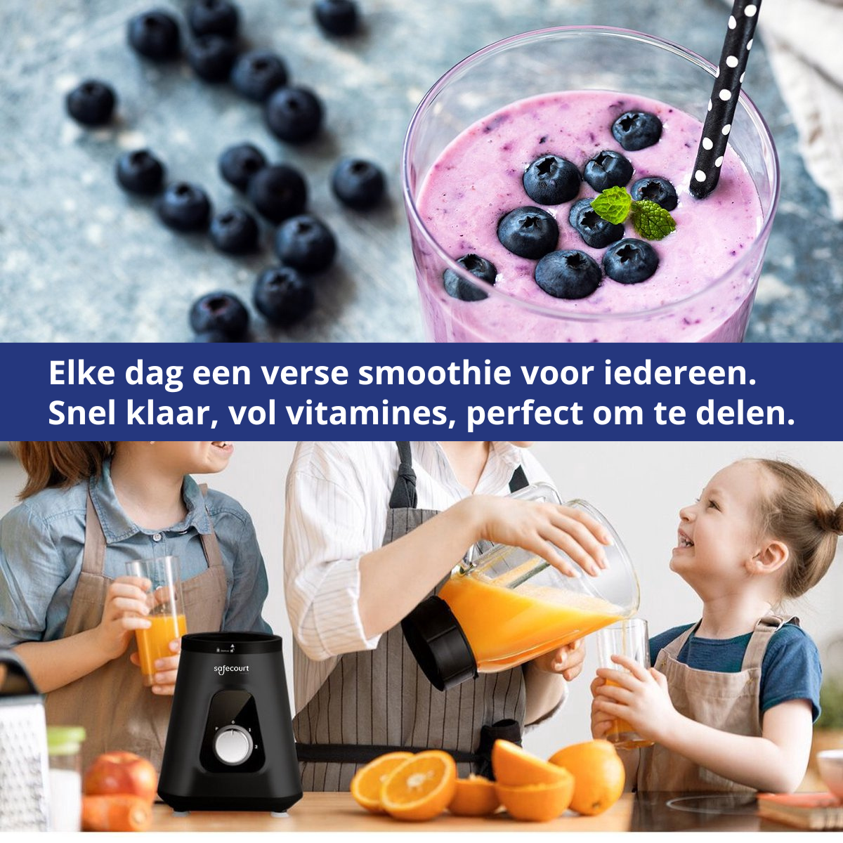 Een smoothie met bosbessen in een glas, wat sinaasappels en een blender. Twee kinderen en een volwassene bereiden sinaasappelsap.