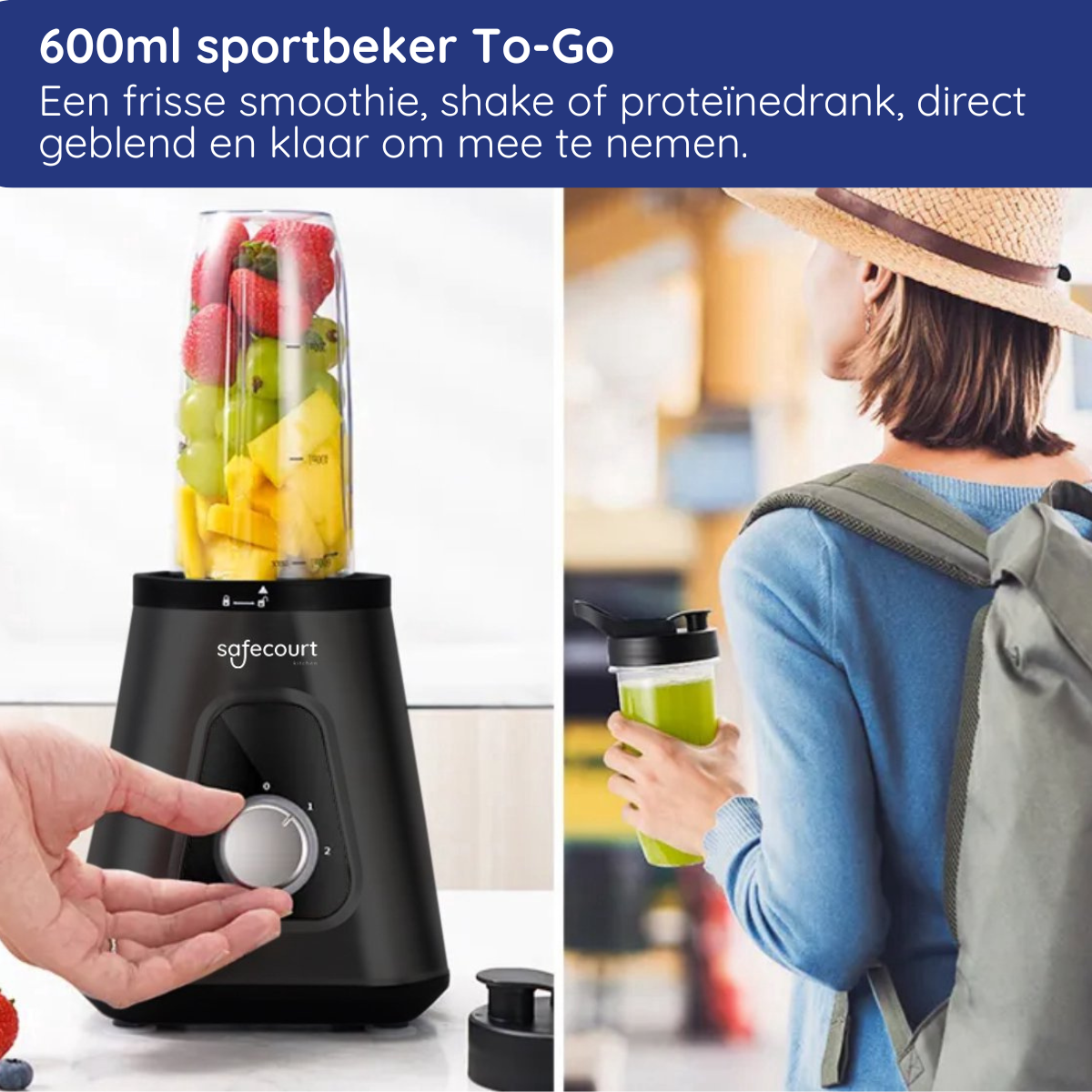 Een blender met fruit en een persoon die een smoothie vasthoudt. De blender is zwart en de smoothiecontainer is transparant.