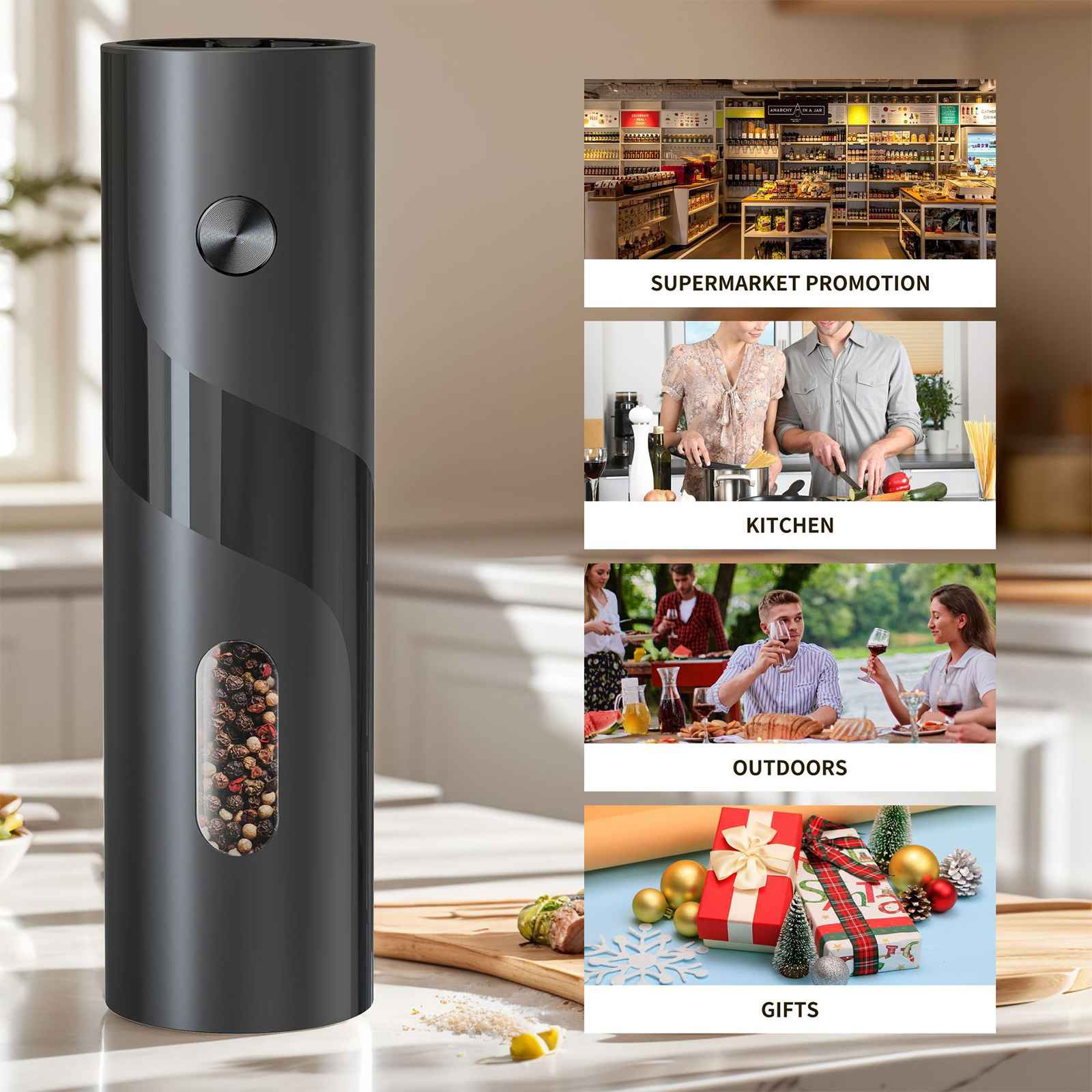 Ein schwarzer elektrischer Pfeffermühlen mit Fenster, Lifestyle-Bilder: Supermarkt, Küche, Outdoor, Geschenke.