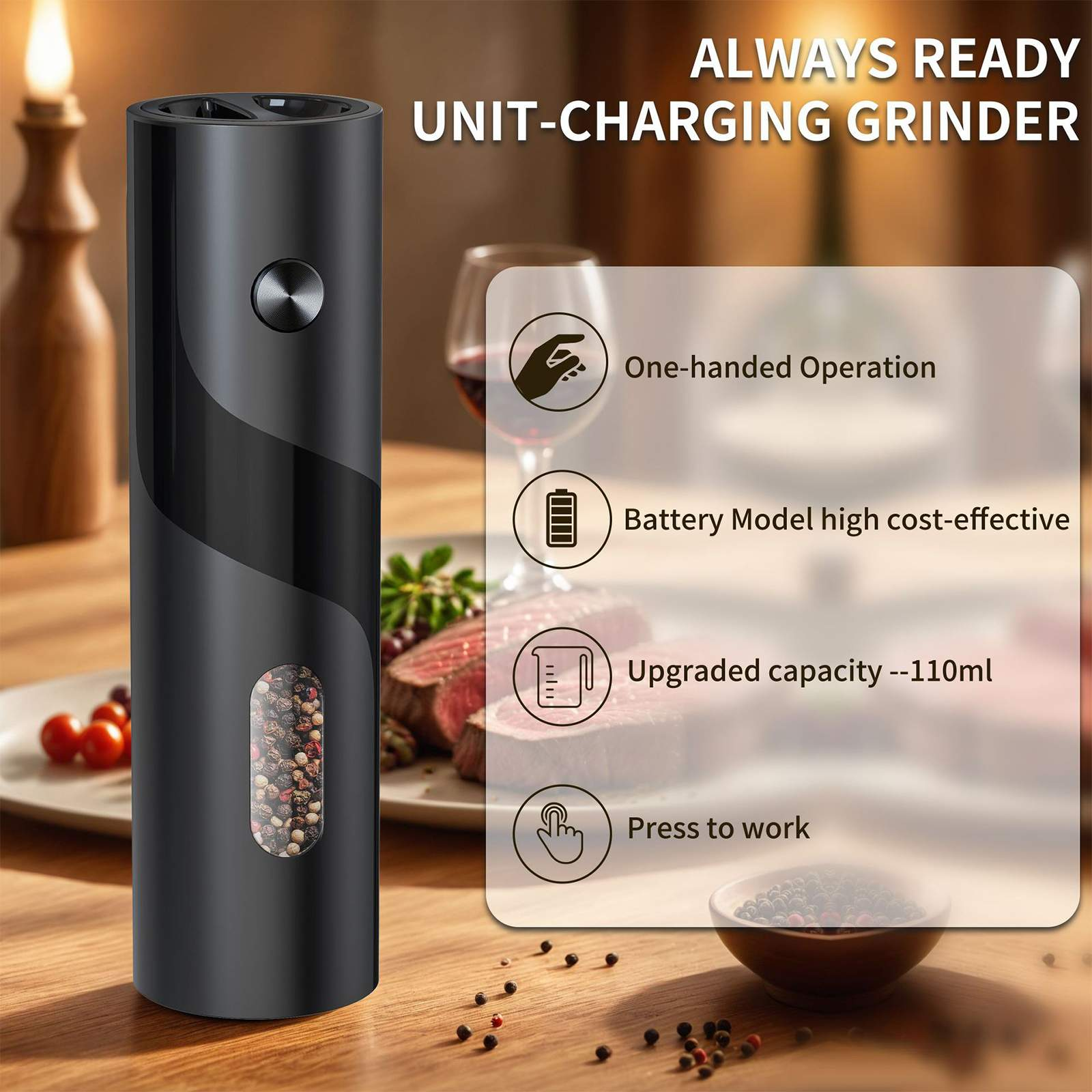 Ein schwarzer elektrischer Grinder mit Pfeffer. Text: 'ALWAYS READY UNIT-CHARGING GRINDER', Einhandbedienung.