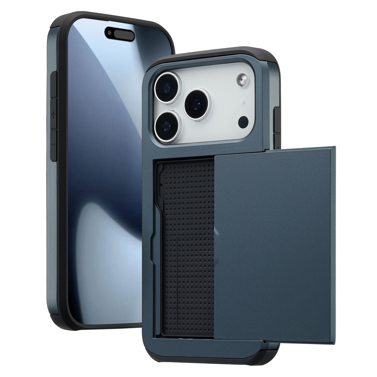 Twee blauwe telefoonhoesjes, één open. De open hoes onthult een kaartsleuf. Een telefoon is zichtbaar achter de open hoes.