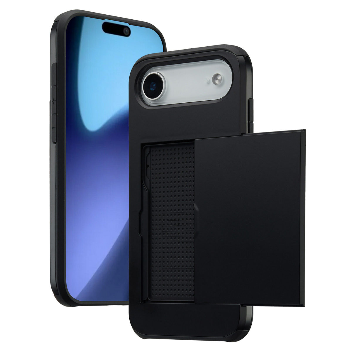 Un smartphone avec un étui noir. Le téléphone est bleu. L'étui possède un emplacement pour cartes ouvert.