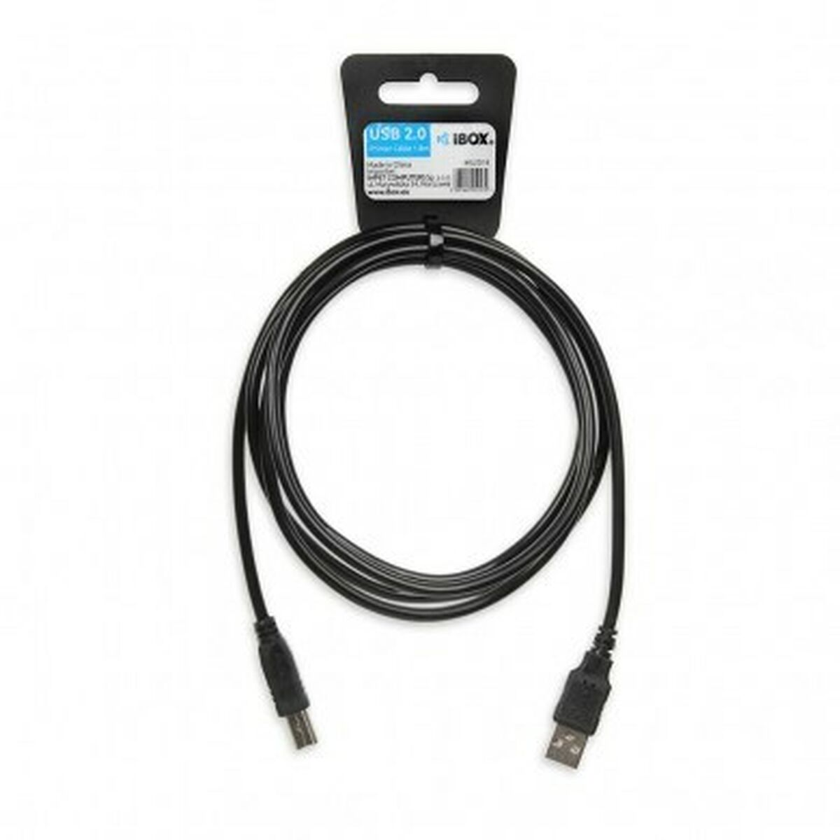 Cavo USB 2.0 nero con connettori su entrambe le estremità, confezionato su sfondo bianco. Un'etichetta del prodotto è appesa in alto.
