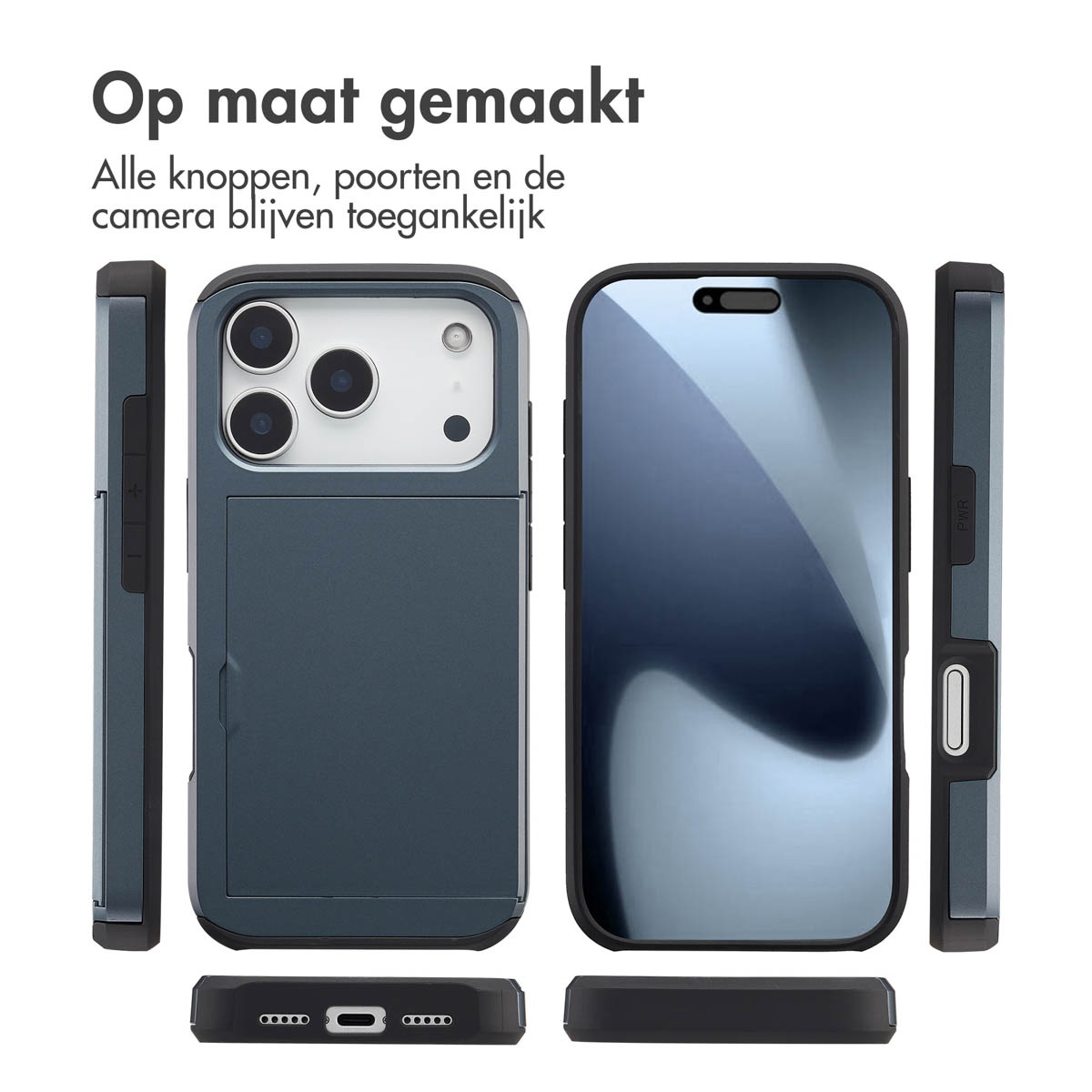 Afbeelding toont een telefoonhoesje met een telefoon erin en delen van de hoes. Tekst hierboven luidt 'Op maat gemaakt'. Hoesje is donkerblauw.