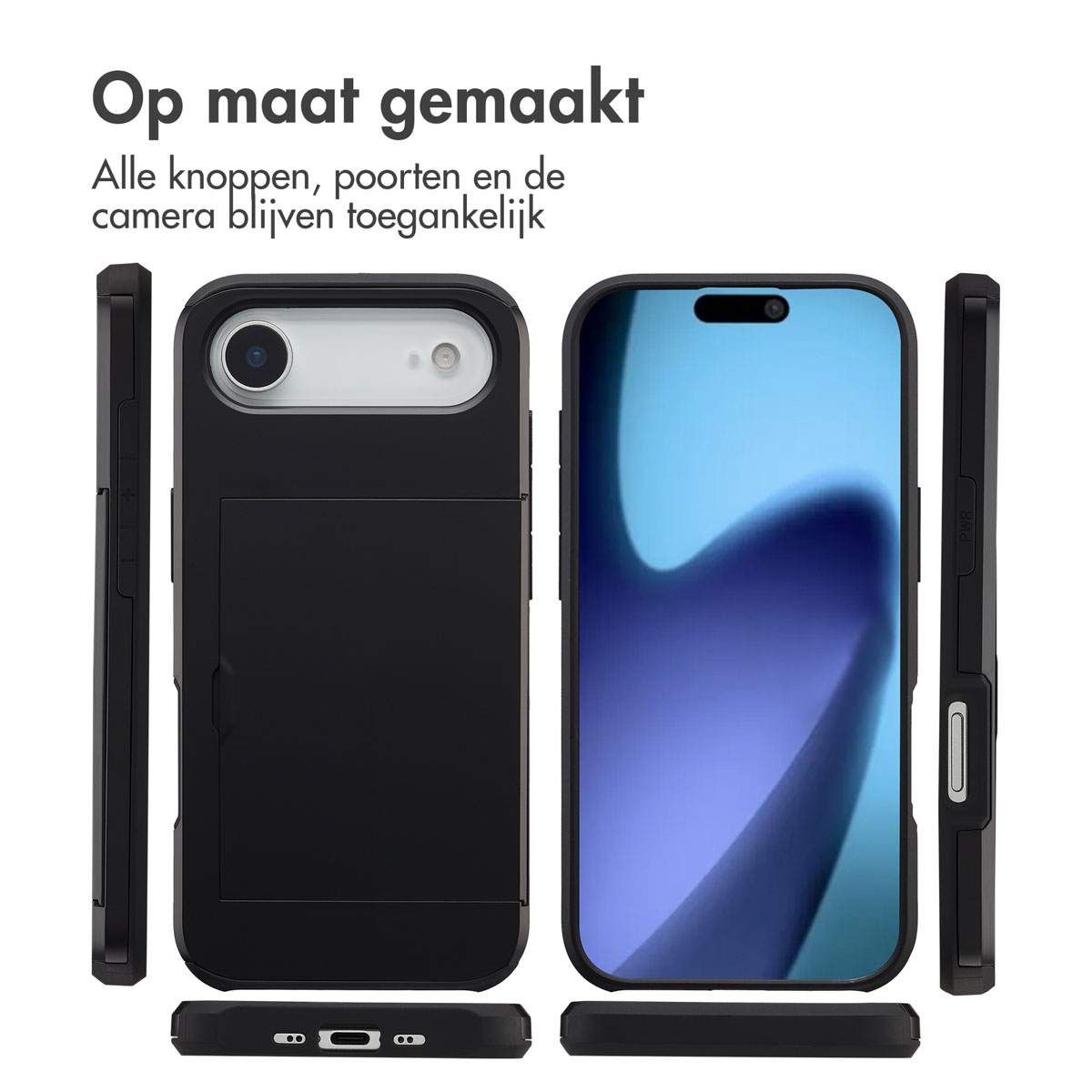Coque de téléphone noire avec un téléphone à l'intérieur. Texte en haut: 'Op maat gemaakt'. La coque protège boutons, ports et caméra.