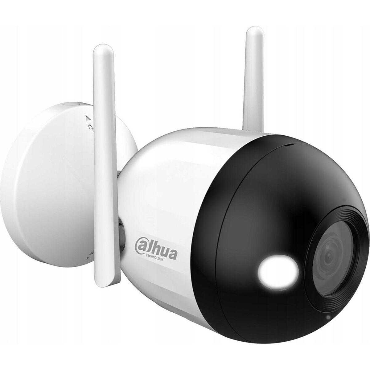 Una telecamera di sicurezza Dahua bianca e nera con due antenne. Ha un obiettivo e il logo Dahua è visibile.