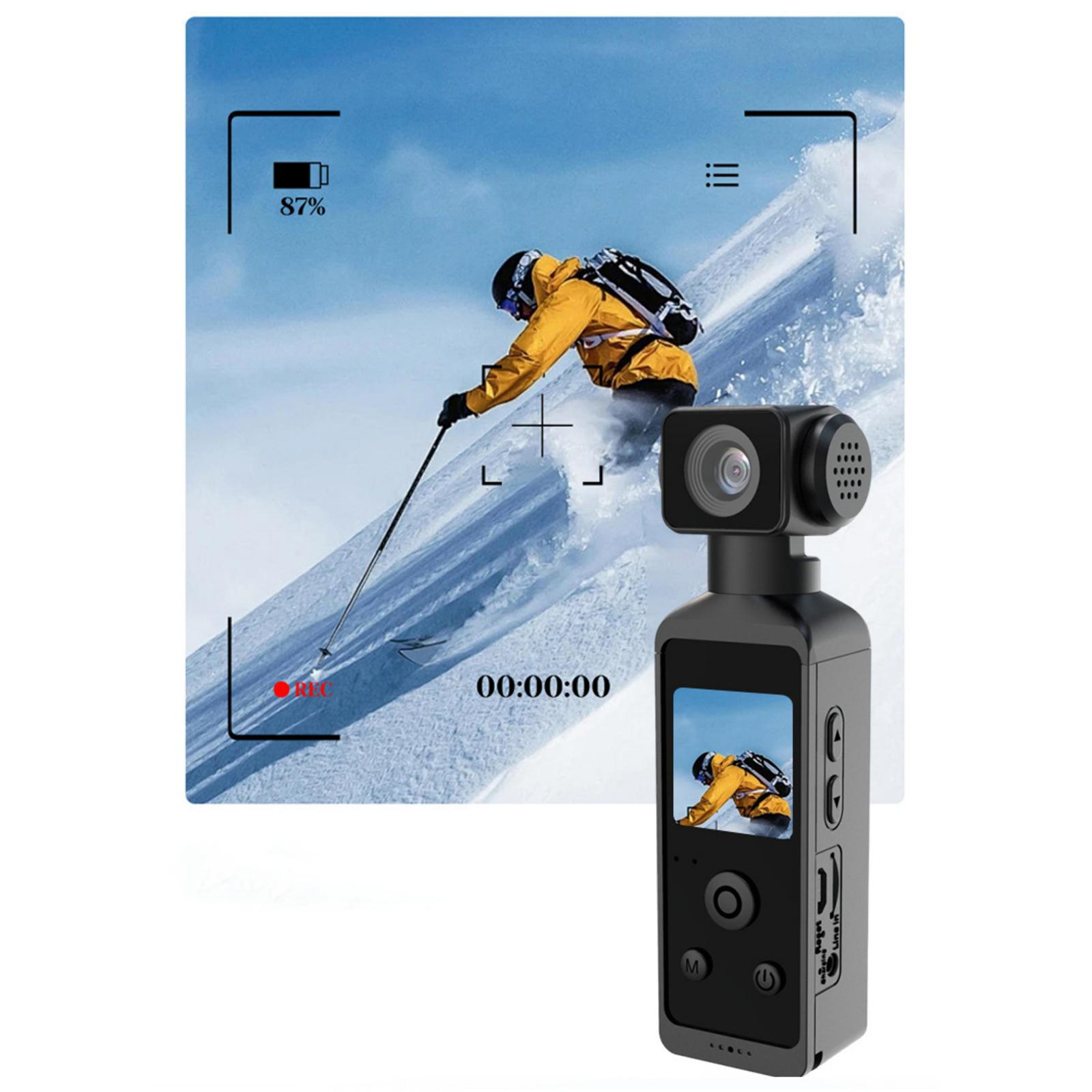 Ein Skifahrer in gelber Jacke wird von einer schwarzen Kamera gefilmt. Der Bildschirm zeigt den Skifahrer auf einer verschneiten Piste. Akku 87%.