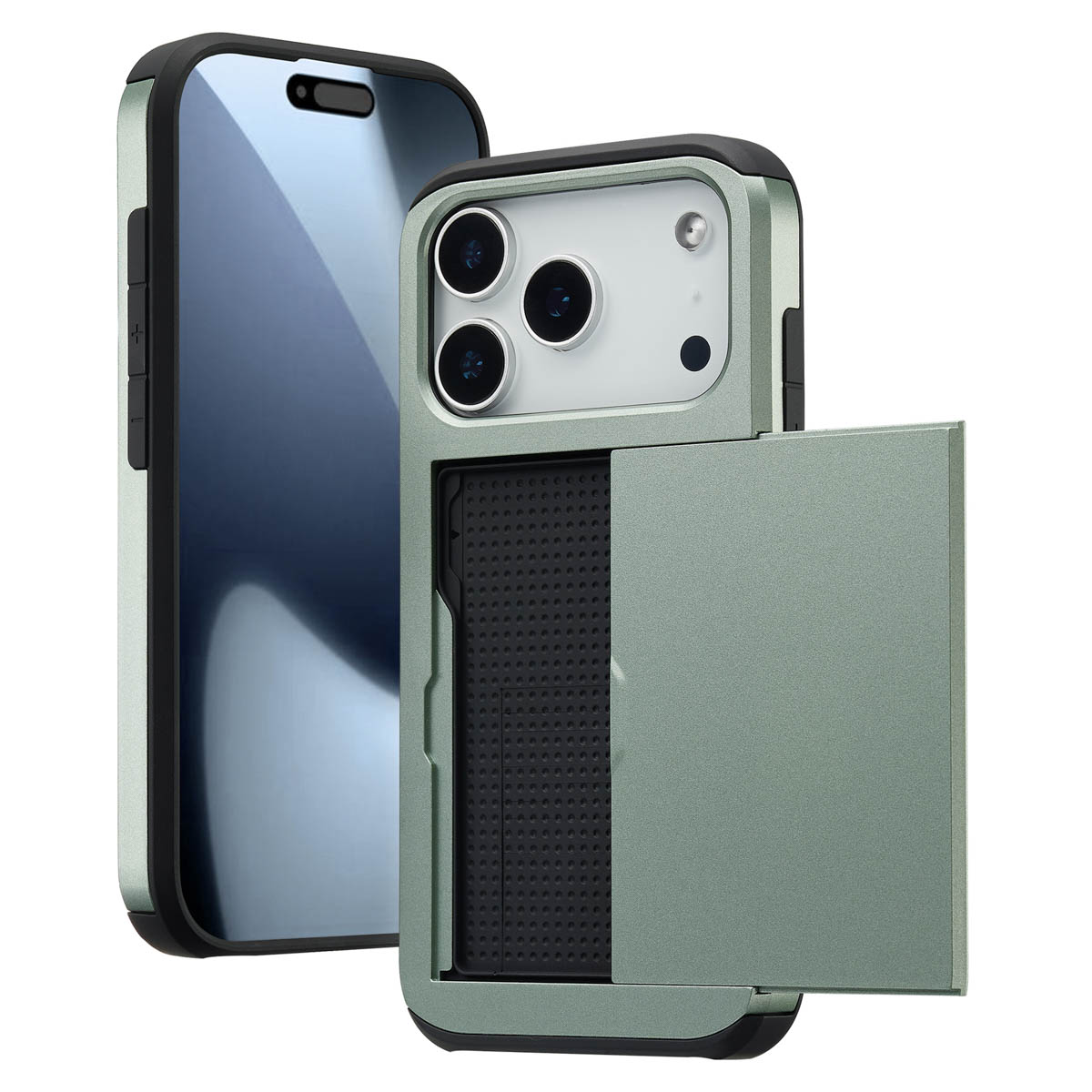 Een groene telefoonhoes met camera, schermbeschermer en kaarthouder.