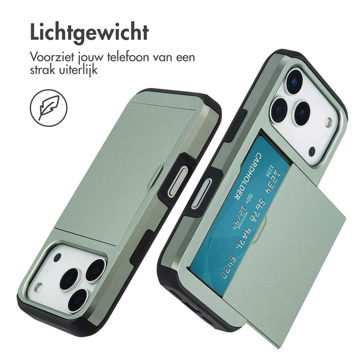 Twee telefoonhoesjes, één met een kaartsleuf, met een creditcard. De hoesjes zijn lichtgroen. Tekst luidt 'Lichtgewicht'.