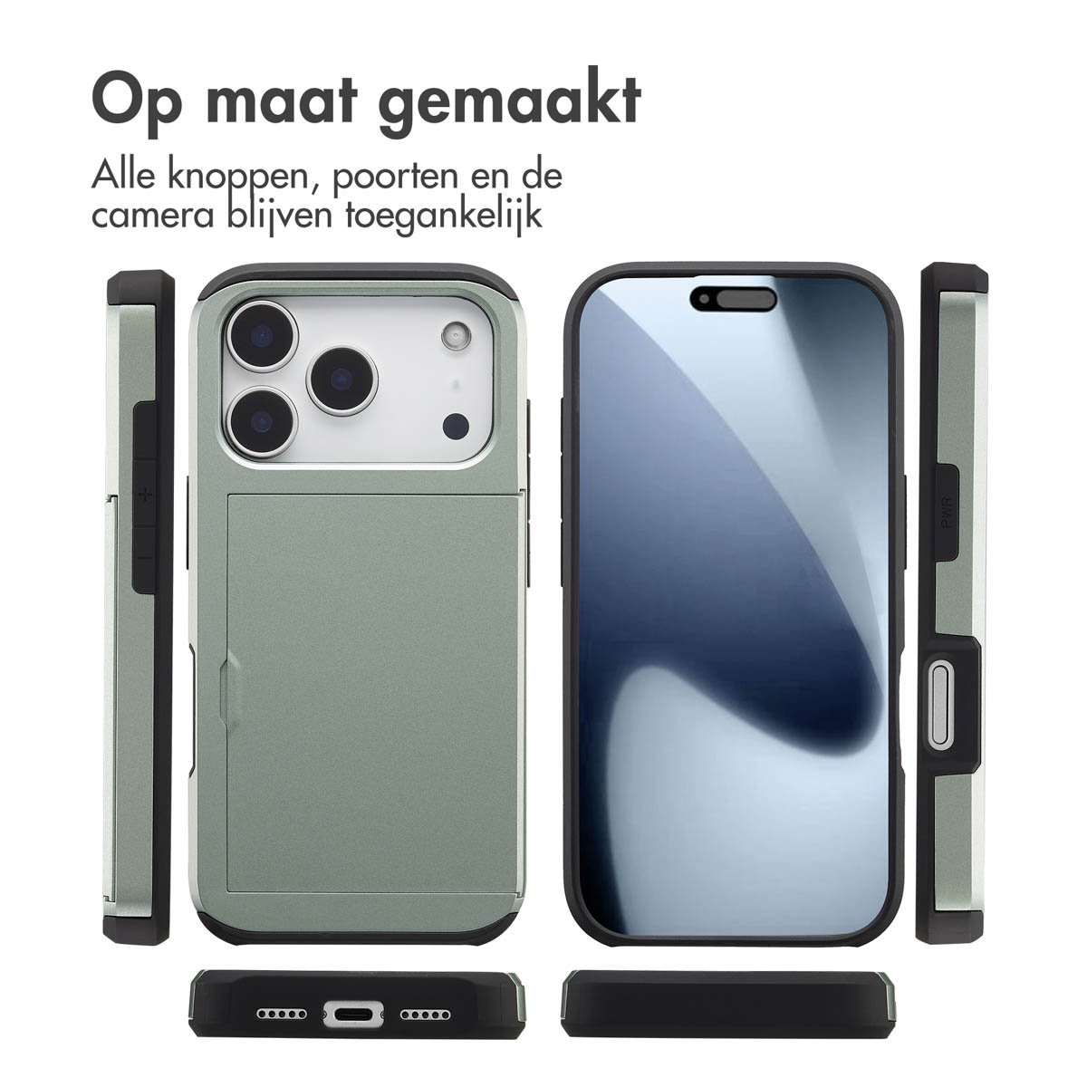 Een iPhone-hoesje in meerdere aanzichten. De hoes is lichtgroen met zwarte randen. Bovenin is Nederlandse tekst zichtbaar.
