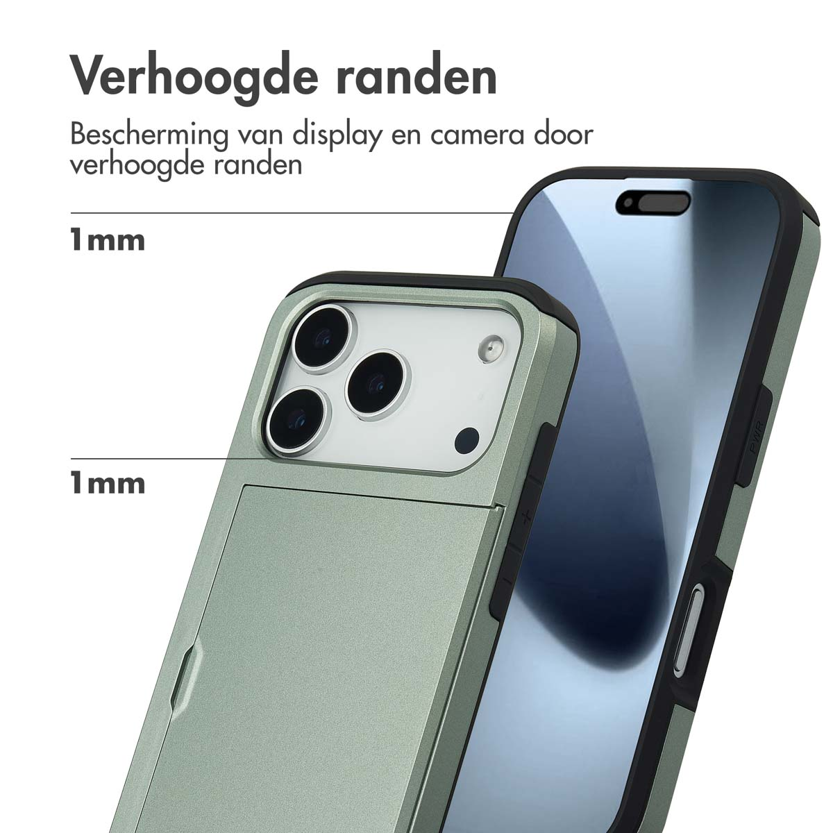 Close-up van een telefoon met een beschermhoesje. Toont verhoogde randen voor scherm- en camerabescherming, met afmetingen van 1 mm. Tekst in het Nederlands zichtbaar.