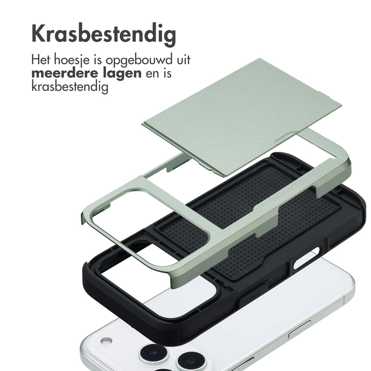 Een ontplofte weergave van een telefoonhoesje. Toont de lagen: bovenkant, frame, zwart interieur en de telefoon. De hoes is krasbestendig.