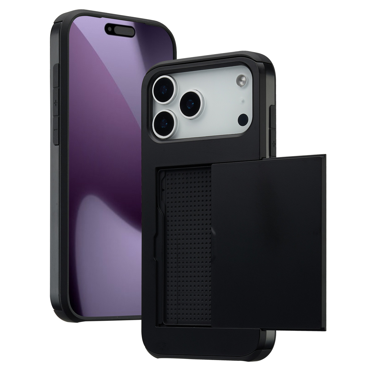 Un étui de téléphone noir avec une fente pour carte ouverte à côté d'un écran de téléphone avec un affichage violet. L'étui a trois lentilles de caméra.