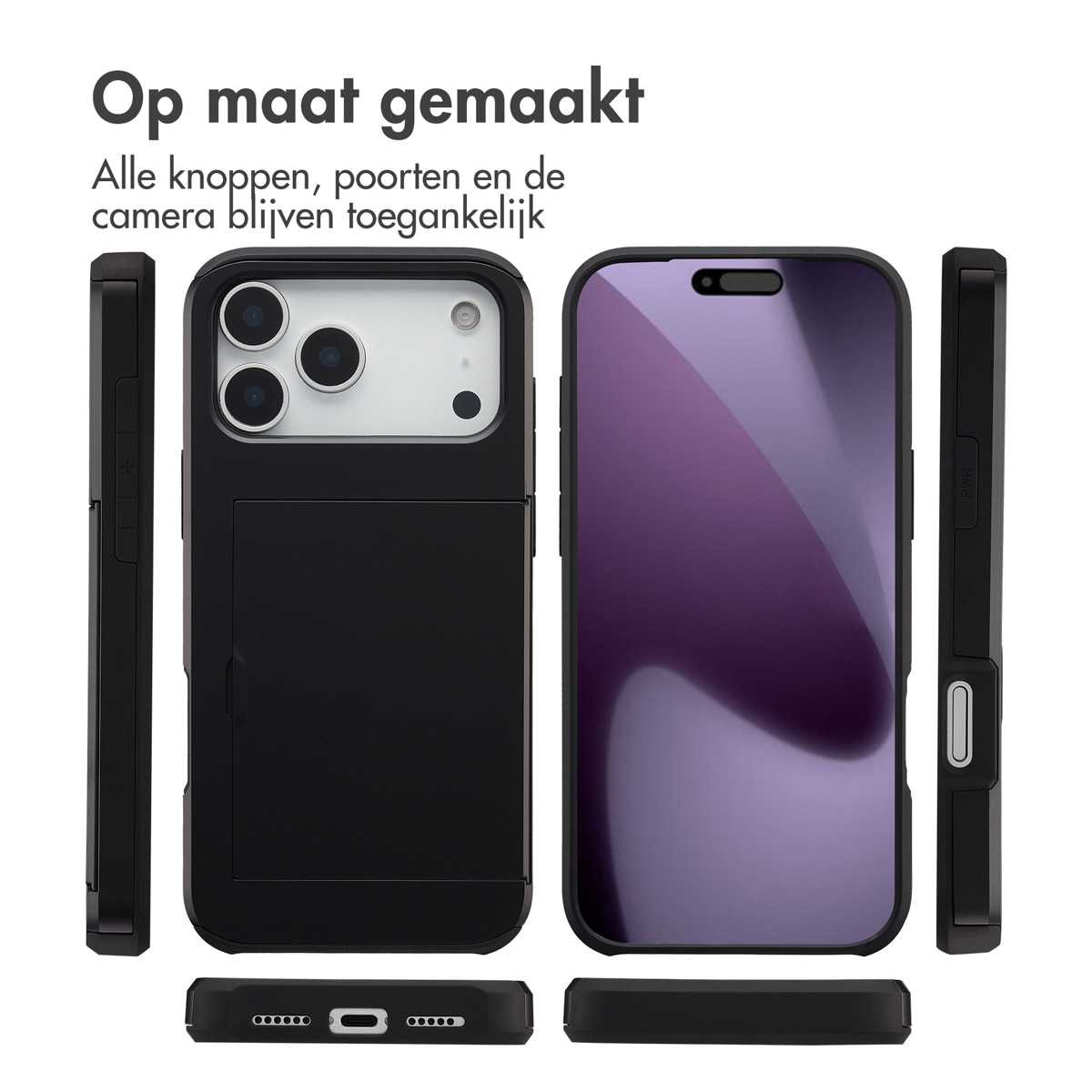 Coque de téléphone noire avec un téléphone. La coque a des découpes pour la caméra, les boutons et les ports. Texte : 'Op maat gemaakt'.