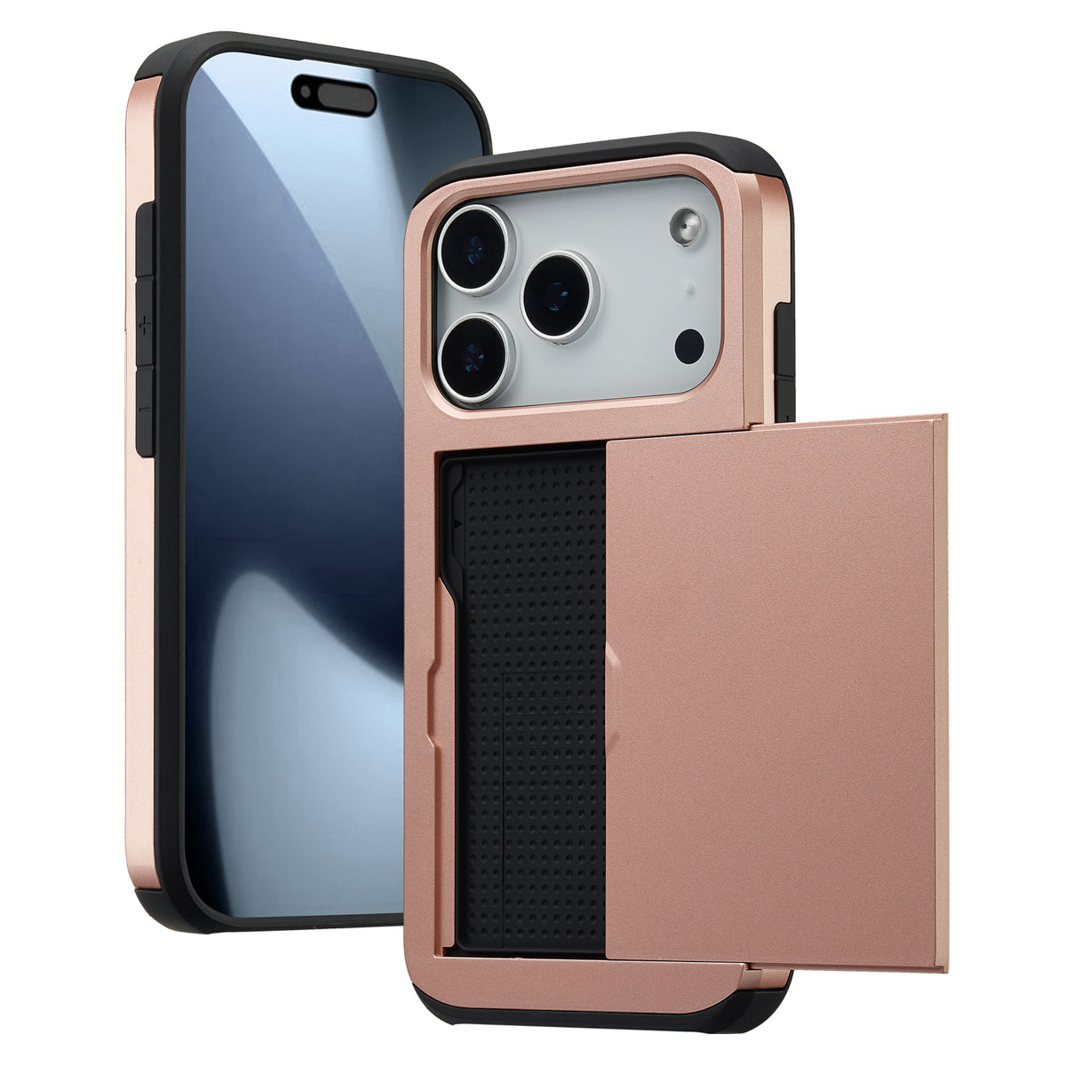 Twee smartphones met hoesjes. Eén in zwart en goud, de andere is een roségouden hoes met een kaartsleuf.