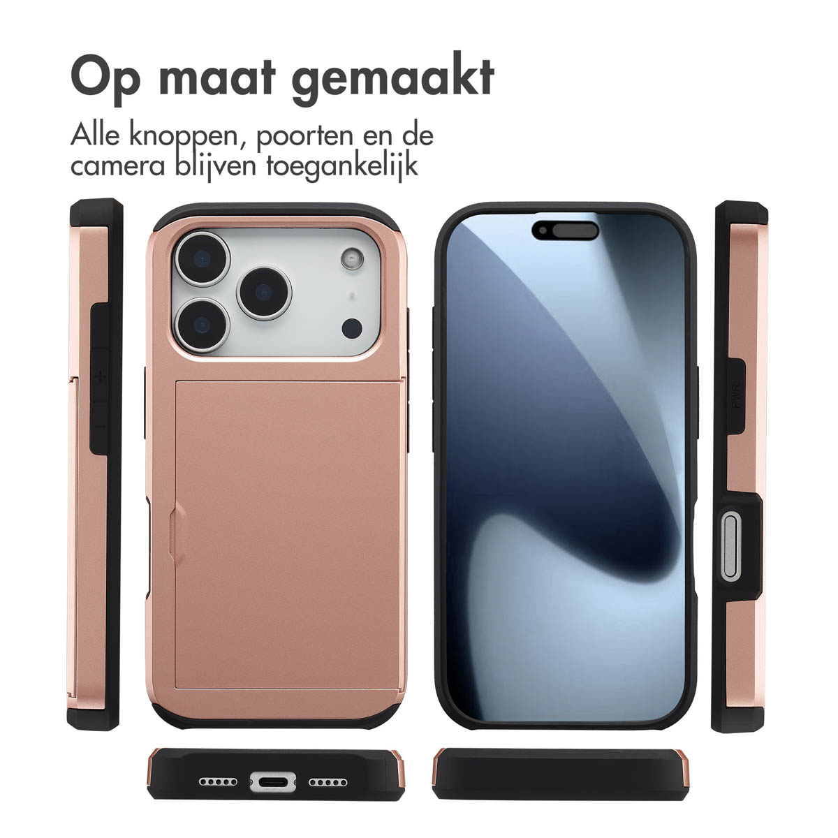 Afbeelding toont een telefoonhoesje in meerdere weergaven. Het is roségoud en zwart. De tekst zegt: Op maat gemaakt, alle knoppen, poorten en de camera blijven toegankelijk.