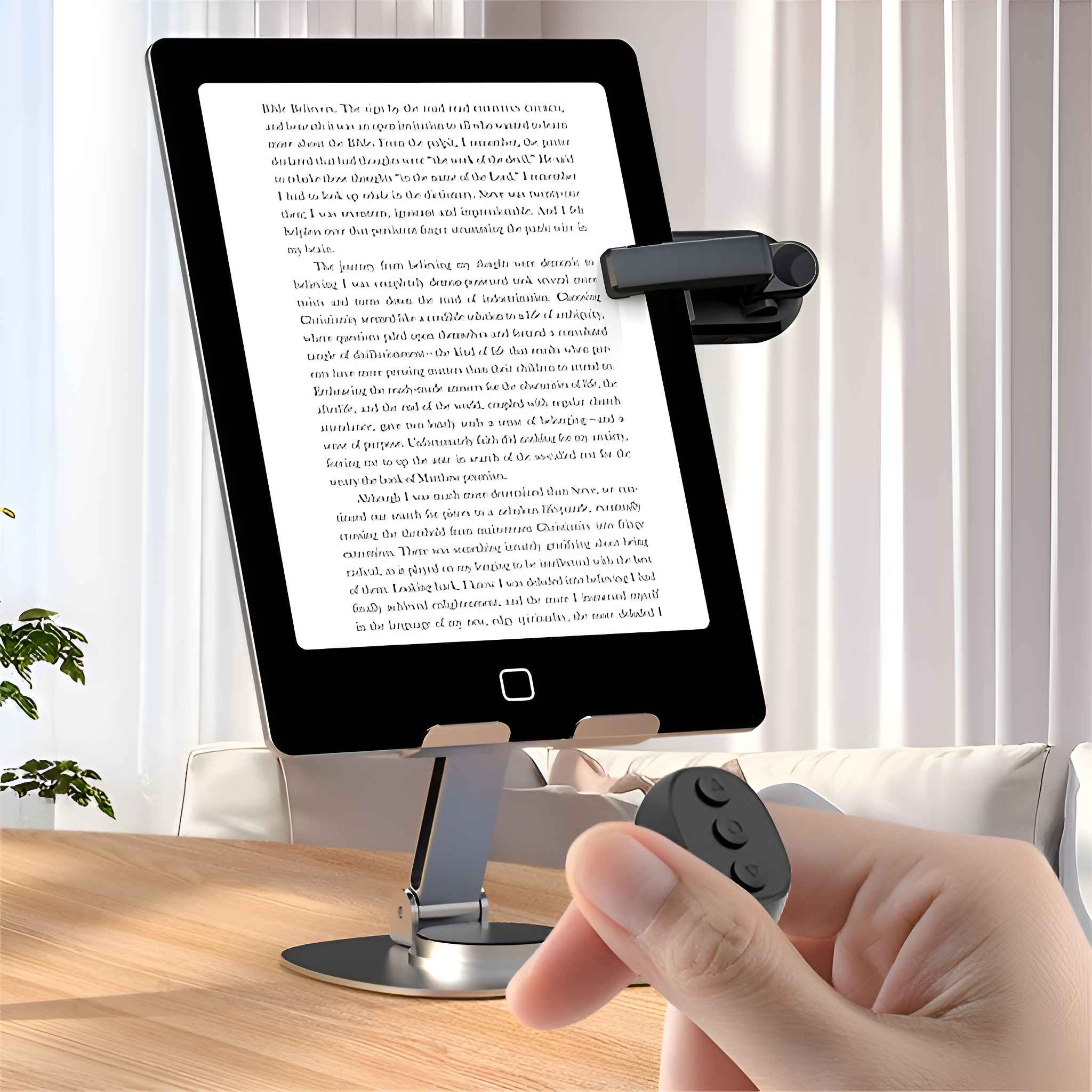 Ein iPad auf einem Ständer mit Text. Eine Hand hält eine Fernbedienung.