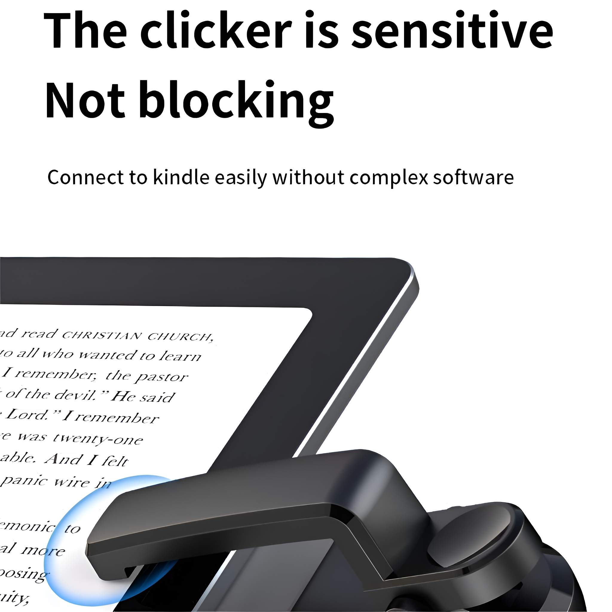 Ein schwarzes Klicker-Gerät auf weißem Hintergrund mit Textüberlagerung. Der Klicker ist über einem Buch abgewinkelt.