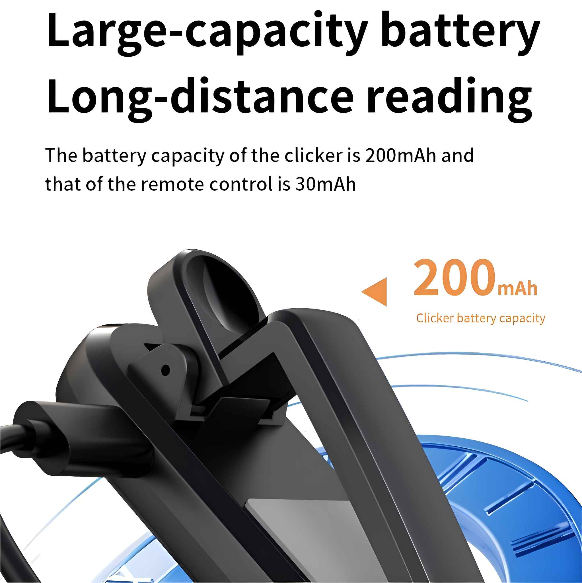 Das Bild zeigt ein schwarzes Gerät mit Text über die Batteriekapazität. Der Clicker hat 200 mAh, die Fernbedienung 30 mAh.