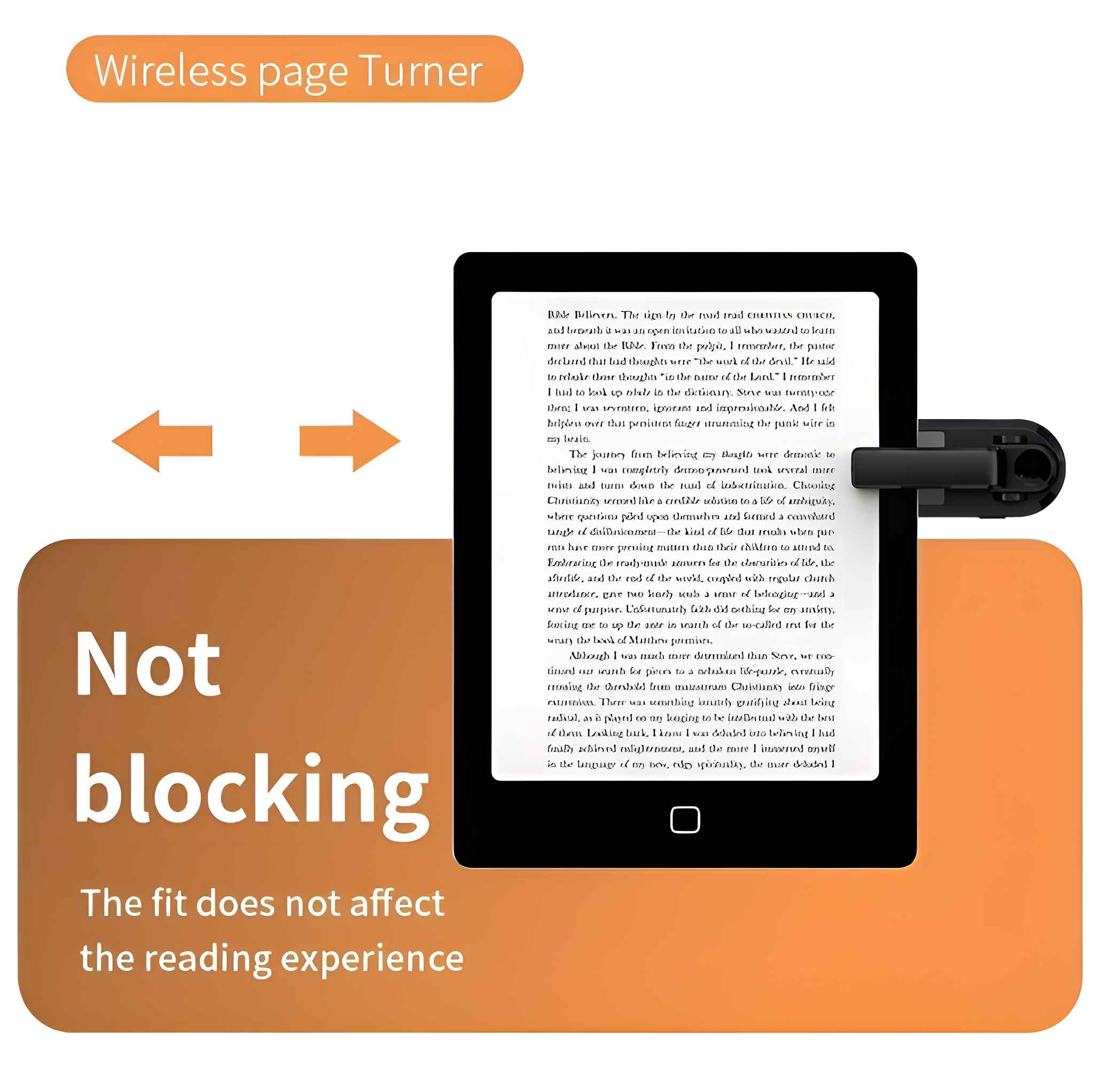 Ein E-Book-Reader mit Seitendreher, orangefarbenen Akzenten und Text auf dem Bildschirm. Pfeile und Text bewerben das Produkt.