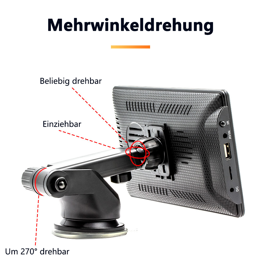 Ein schwarzer Monitor auf einem mehrfach verstellbaren Ständer. Text zeigt an, dass er drehbar und einziehbar ist.