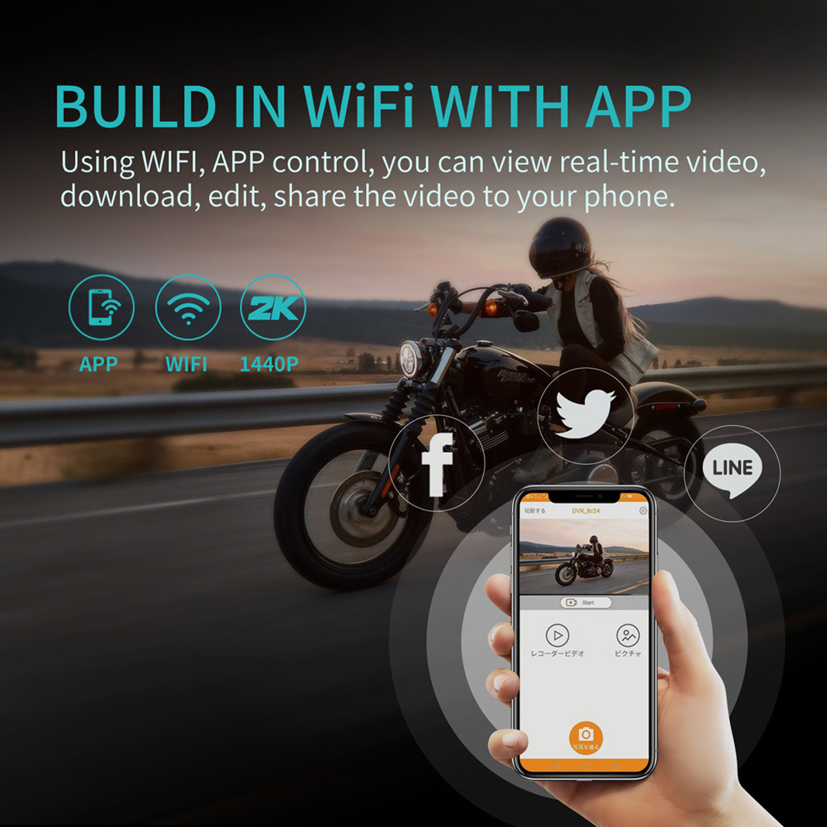 Ein Motorrad mit Fahrer, ein Telefon mit einer App und Social-Media-Icons. Text: "BUILD IN WiFi WITH APP".