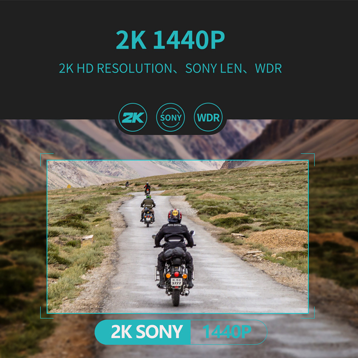 Motorradfahrer fahren auf einer Bergstraße. Das Bild hat Text, der besagt: 2K 1440P und 2K HD RESOLUTION, SONY LEN, WDR.