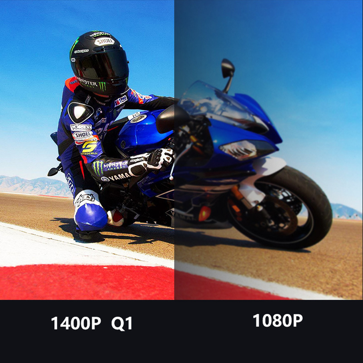 Ein Rennfahrer auf einem blauen Motorrad auf einer Rennstrecke. Das Bild ist geteilt, mit den Texten 1400P Q1 und 1080P unten.