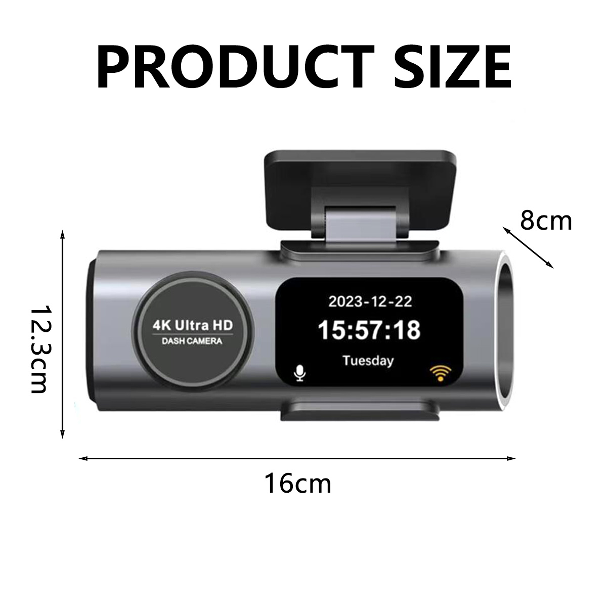 Graue Dashcam mit Bildschirm, der Zeit und Datum anzeigt. Text sagt 4K Ultra HD und die Maße sind: 16cm, 12,3cm und 8cm.
