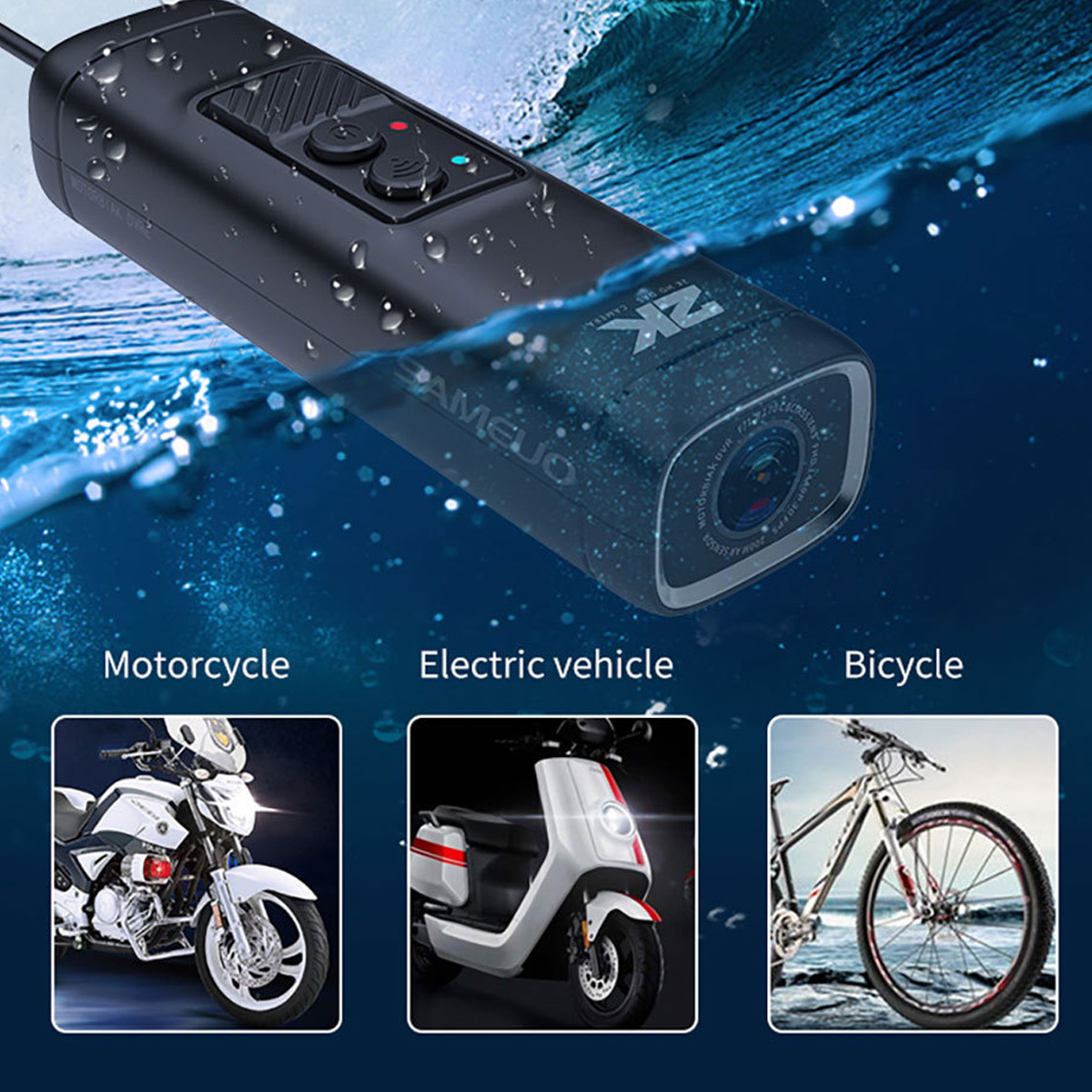 Eine schwarze Action-Kamera unter Wasser. Darunter sind Bilder eines Motorrads, eines Elektrofahrzeugs und eines Fahrrads zu sehen.