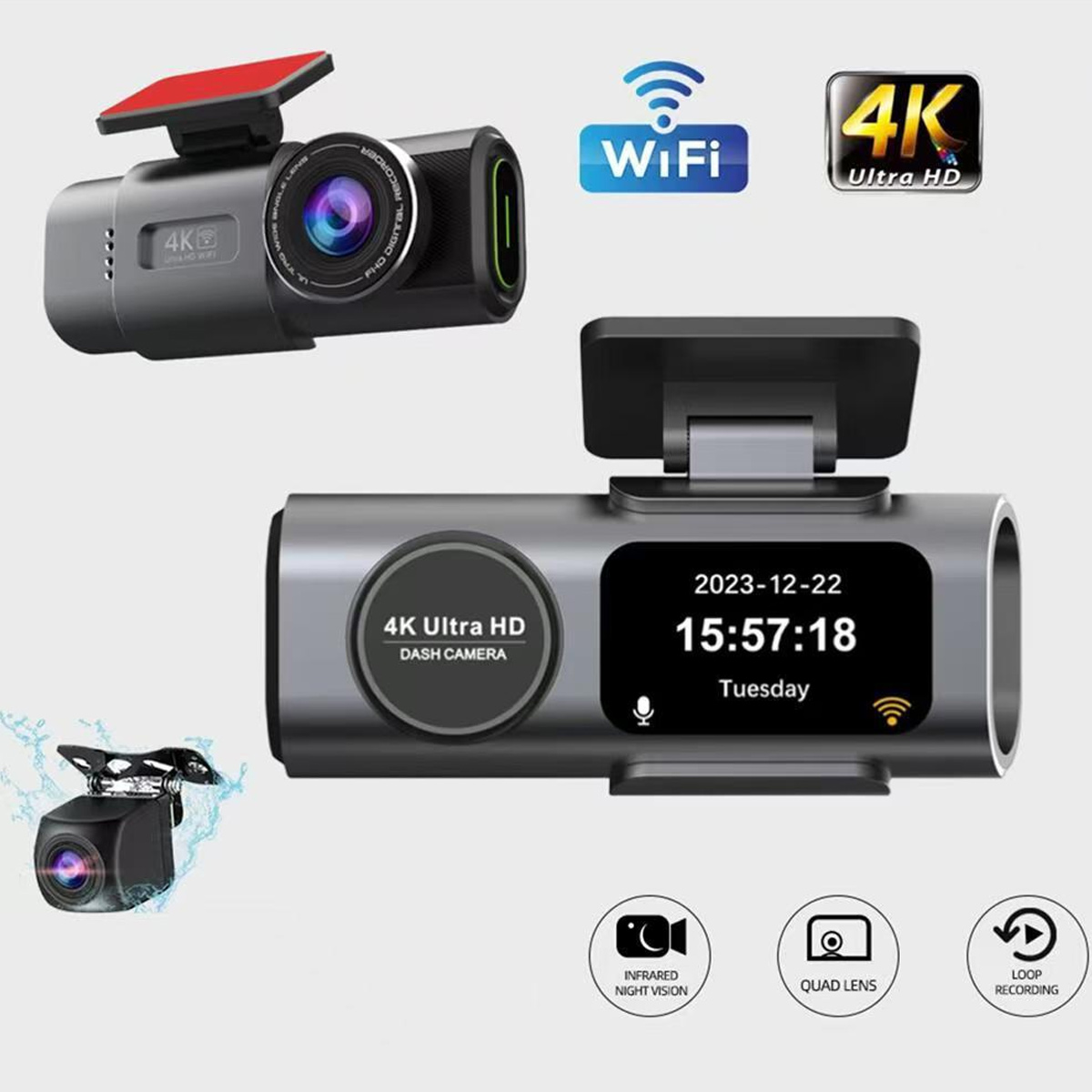 Das Bild zeigt eine Dashcam-Konfiguration mit mehreren Kameraansichten. Enthält ein WiFi-Logo, ein 4K Ultra HD-Etikett und Funktionssymbole.