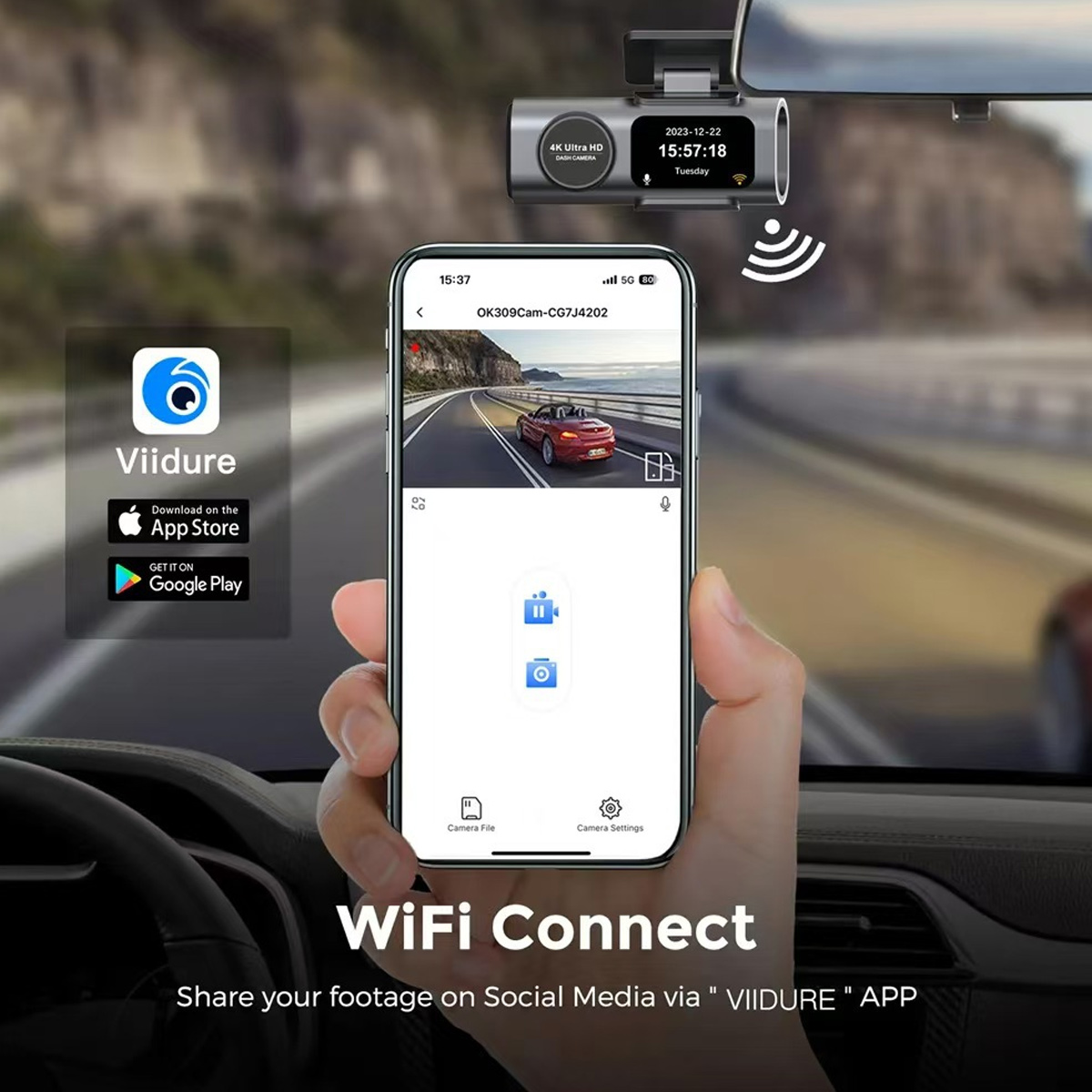 Eine Hand hält ein Telefon mit einer Auto-Dashcam-App. Ein rotes Auto ist auf der Straße. Ein WLAN-Signal ist sichtbar. Die App stammt von Viidure.