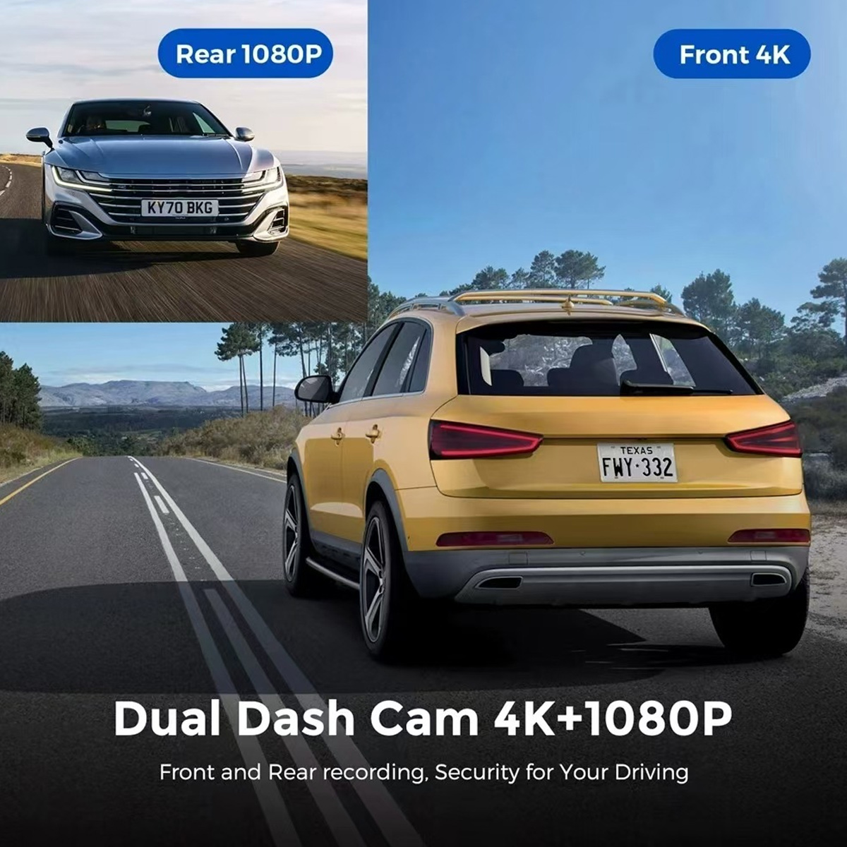 Das Bild zeigt ein Dual-Dashcam-Setup. Ein Auto ist silberfarben, das andere gelb. Der Text lautet 4K+1080P mit Front- und Heckaufnahmefunktionen.