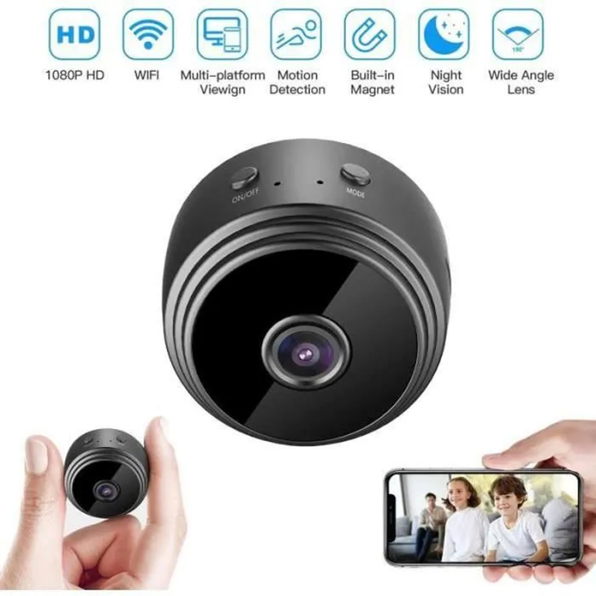 Eine kleine, schwarze Überwachungskamera wird gezeigt. Ein Smartphone zeigt einen Live-Feed von zwei Kindern. Symbole oben zeigen Funktionen an.