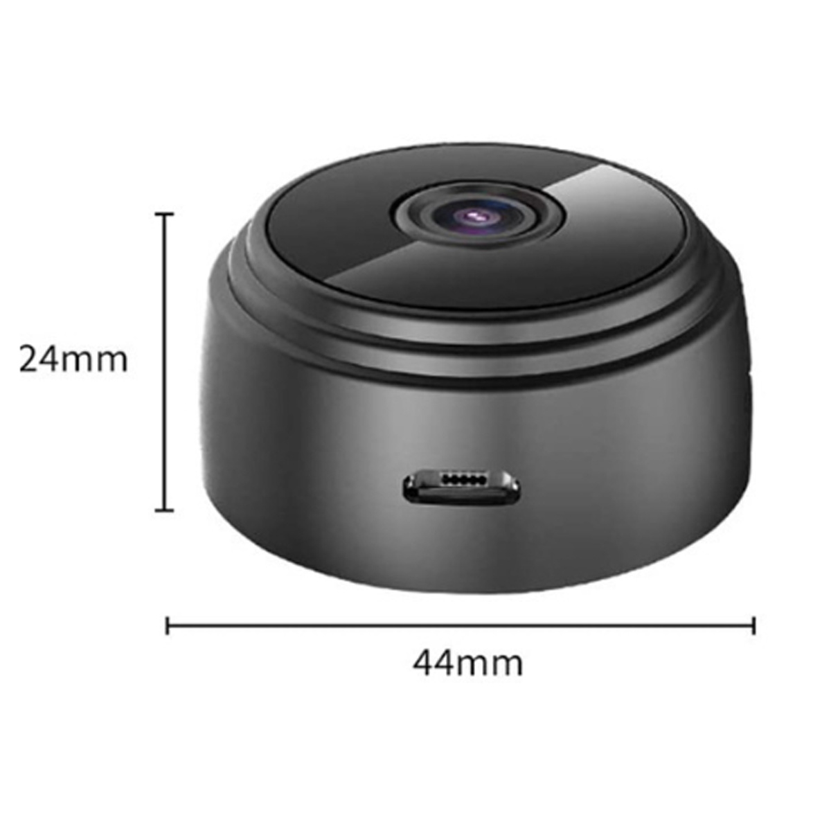 Eine kleine, schwarze, runde Kamera mit einem Objektiv oben. Sie hat eine Höhe von 24 mm und eine Breite von 44 mm.