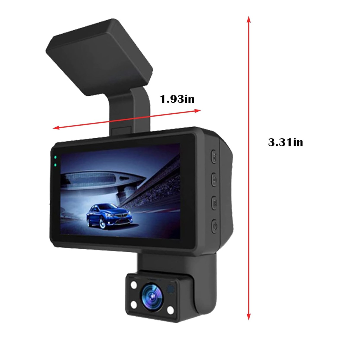 Schwarze Dashcam mit Bildschirm, der ein Auto zeigt. Sie hat eine Kamera, Knöpfe und eine Sonnenblende. Maße sind markiert.