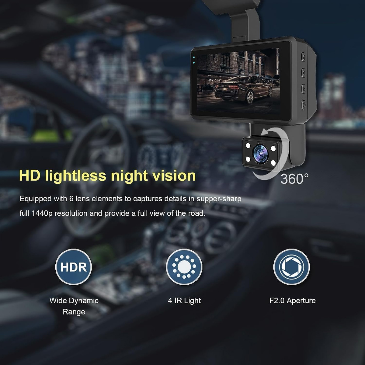 Eine Dashcam zeigt die Sicht eines Autos bei Nacht. Zu den Funktionen gehören HDR, 4 IR-Licht und F2.0-Blende. Das Bild hat den Text "360°".