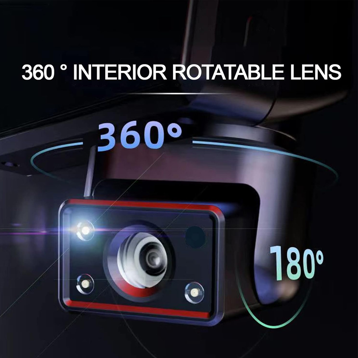 Eine schwarze Armaturenbrettkamera mit rotem Rahmen. Sie hat ein um 360 Grad drehbares Objektiv mit Text: 360° Interior Rotatable Lens.