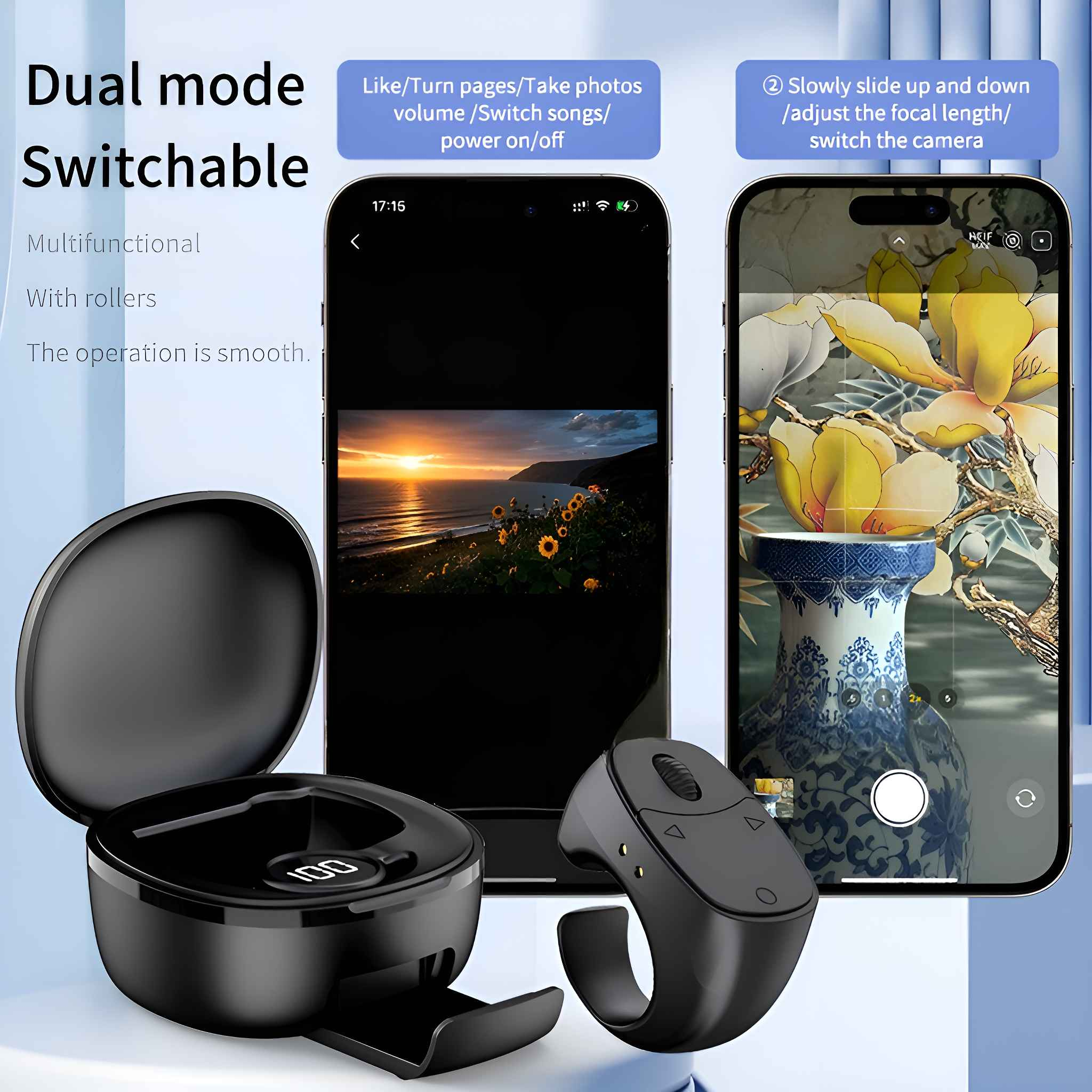 Das Bild zeigt ein Dual-Mode-umschaltbares Gerät mit einer ringförmigen Fernbedienung und einem Ladekoffer, mit Telefonen, die Gebrauchsanweisungen anzeigen.