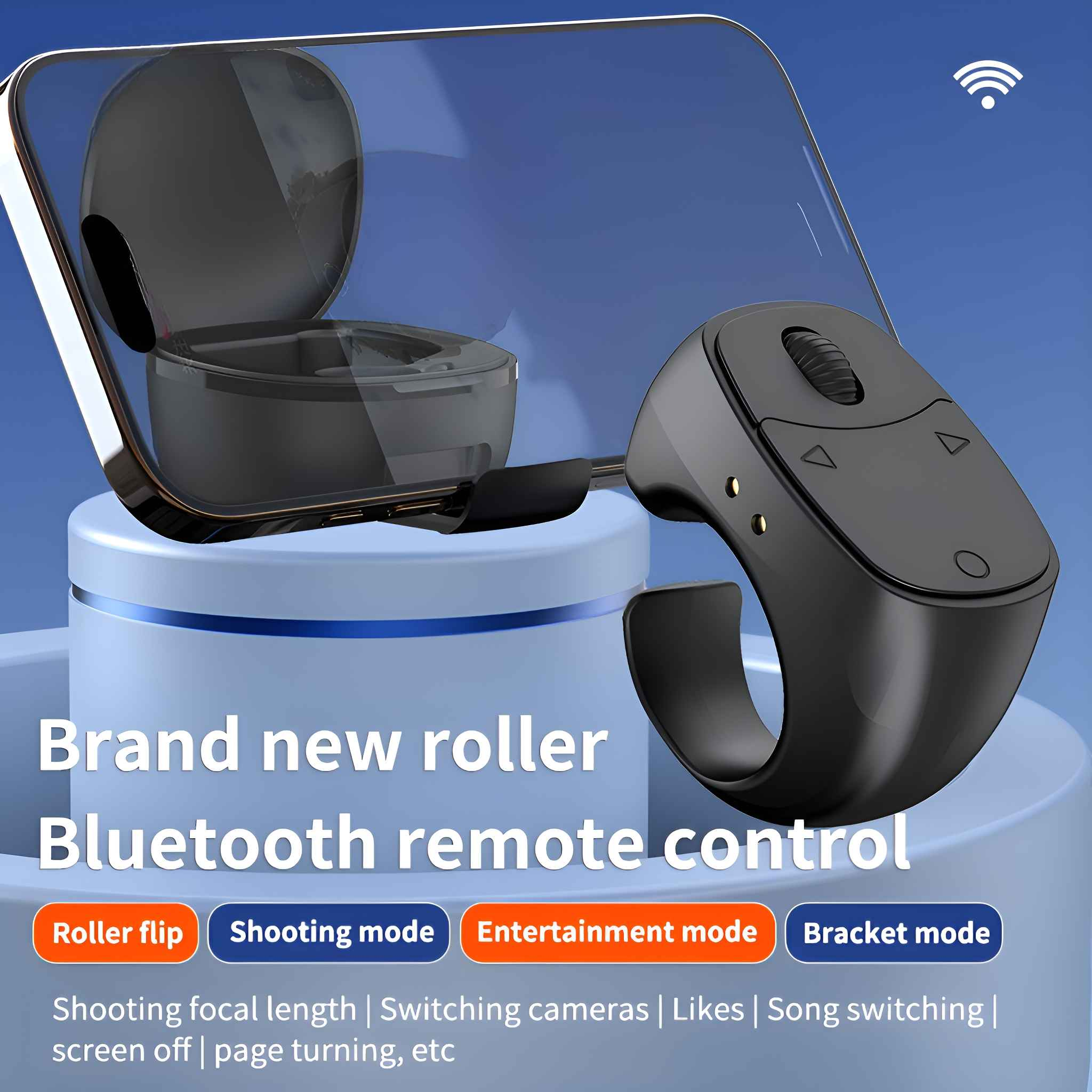 Schwarze, ringförmige Bluetooth-Fernbedienung mit Rolle, Tasten und Ladecase, mit Text: Brandneue Roller Bluetooth-Fernbedienung.