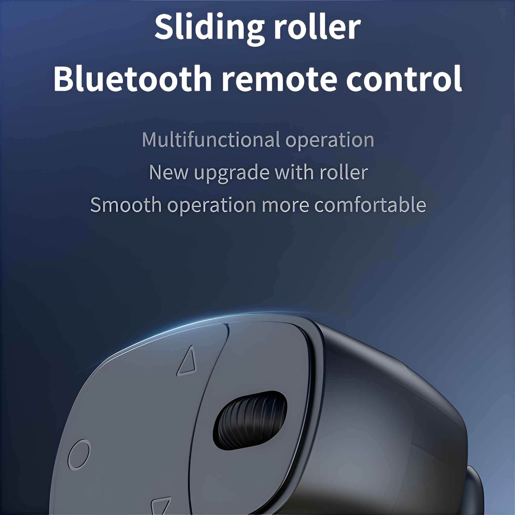 Das Bild zeigt eine schwarze Rolle mit Text, der sie als Bluetooth-Fernbedienung beschreibt. Der Text enthält 'Multifunktional' und 'Reibungsloser Betrieb'.
