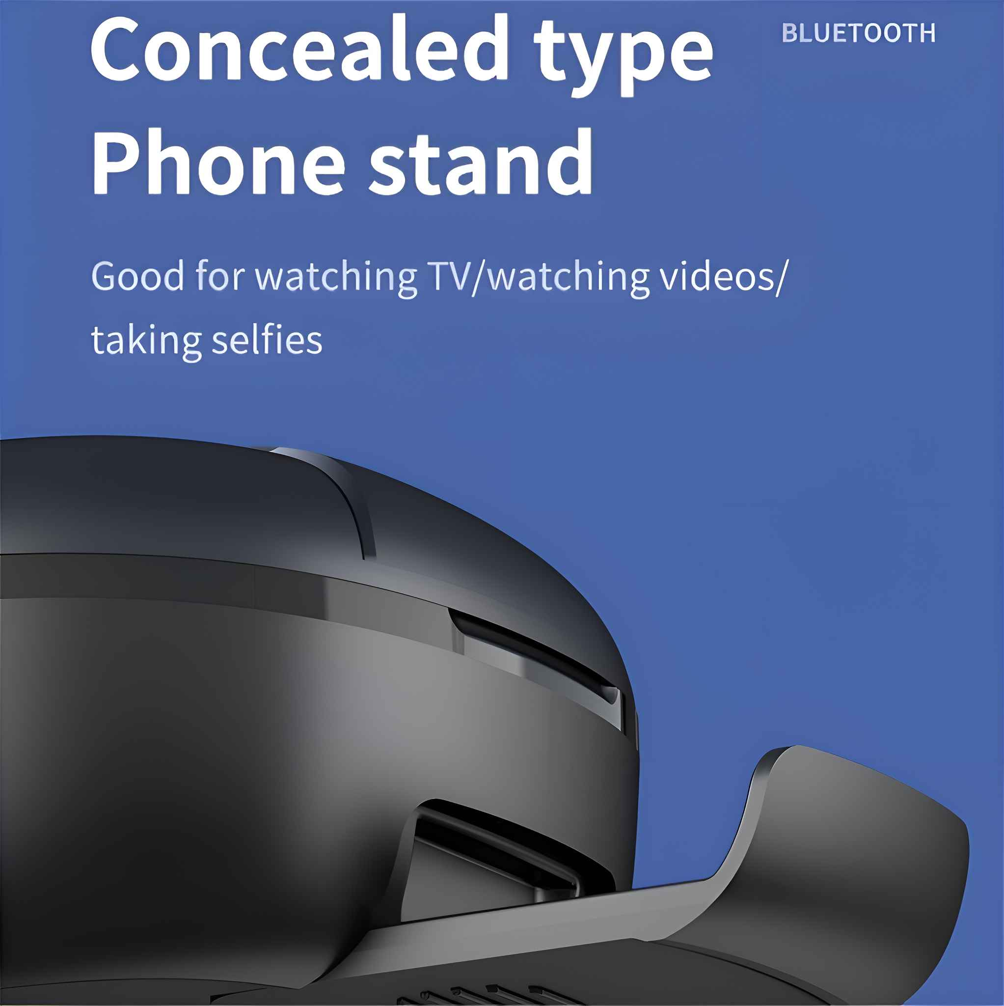 Ein schwarzer Telefonständer mit Text auf blauem Hintergrund. Der Text lautet: Concealed type Phone stand, und BLUETOOTH.