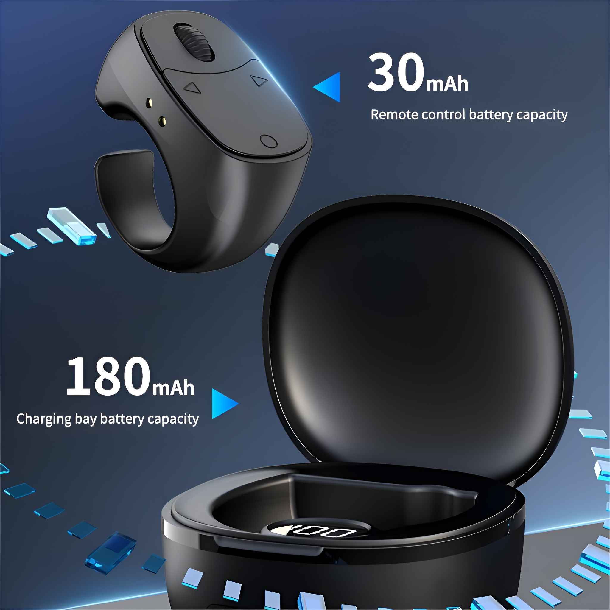 Schwarze Ringmaus mit Ladekoffer. Akkukapazitätsdetails werden angezeigt. Blaue Akzente auf einem Gradientenhintergrund.