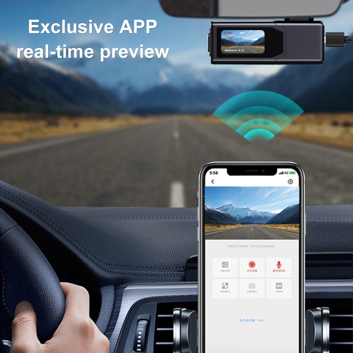 Im Inneren eines Autos sind eine Armaturenbrettkamera und ein Smartphone zu sehen, das die Straße zeigt. Der Text lautet 'Exklusive APP Echtzeit-Vorschau'.
