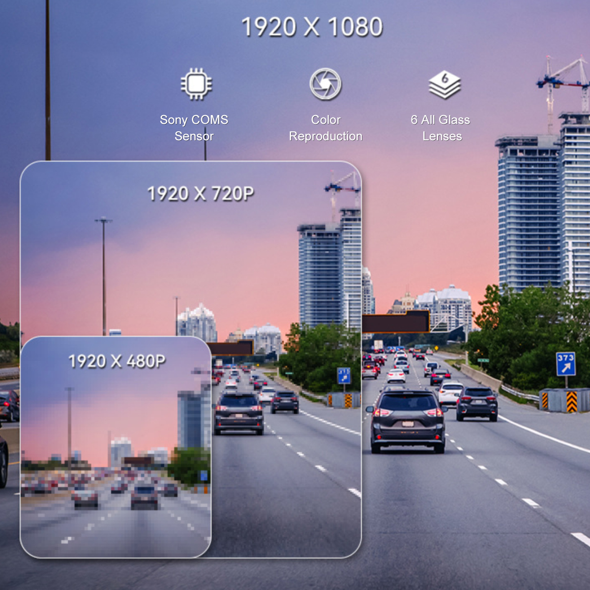 Autos fahren auf einer Autobahn in Richtung einer Stadt mit Wolkenkratzern unter einem Abendhimmel. Grafiken zeigen Auflösung und Sensordetails.
