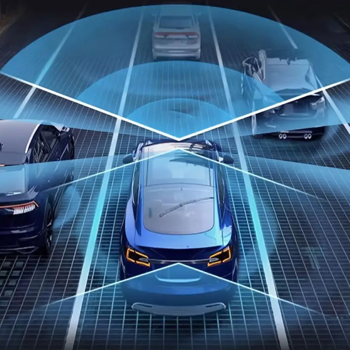 Blaues Auto mit Sensor-Overlay auf der Straße, das Autos in der Umgebung erkennt. Futuristisches Konzept des autonomen Fahrens.